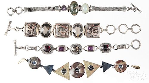 Three sterling silver and semi-precious stone bracelets, together with a geometric stone bracelet, l