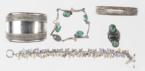 Mexican sterling silver and turquoise bracelet, 7'' l., together with a ring, a bracelet, and two sil