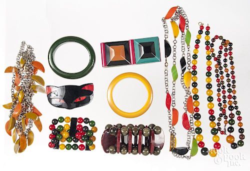 Collection of Bakelite jewelry, to include four necklaces, seventeen bangles, four stretch bracelets