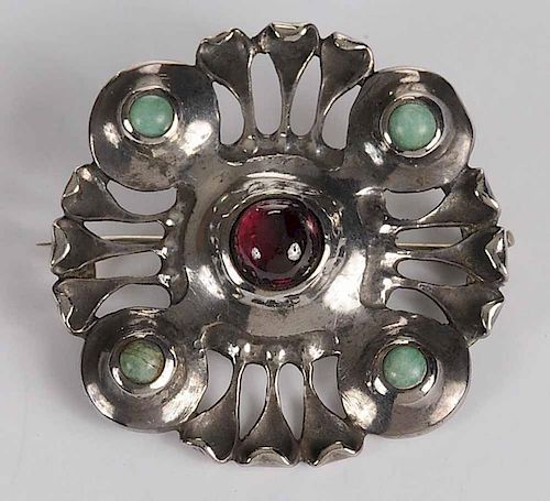 Silver Gemstone Arts & Crafts Brooch