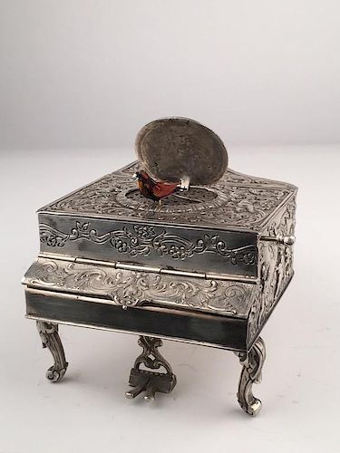 925 Silver mechanical singing bird box as a piano,