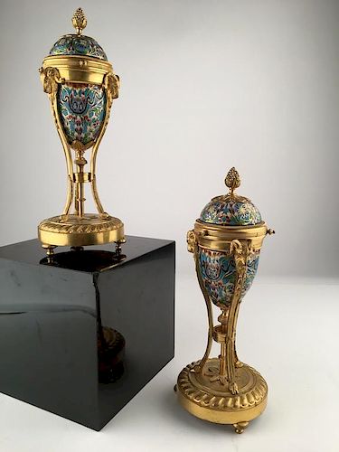 A pair of French late 19th century cloissoine and gold gild bronze urns