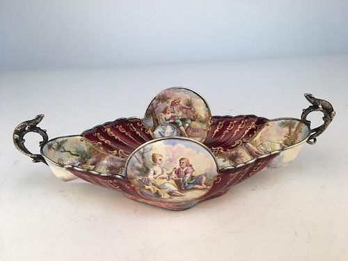French enamel painted on silver compote with two attched lizard handles.<BR>Length