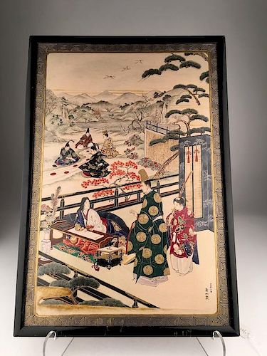 Japanese satsuma Meji period porcelin plaque of The Tale of Genji.