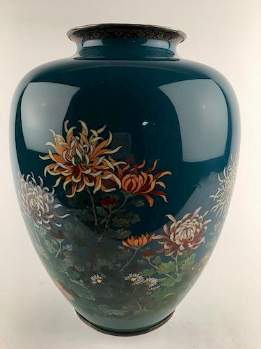 Japanese 1910 silver wire and cloisoine vase<BR>with flowers on a teal ground.<BR>Th