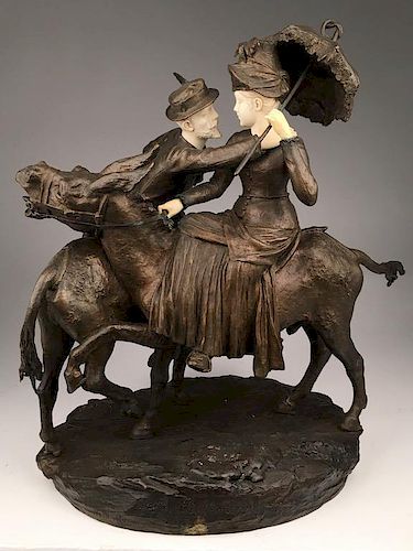 Bronze figurine of a lady with a parasol and a men reaching across