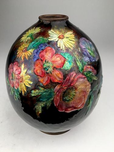 Camille Faure Limoges enamelled vase with flowers all around.