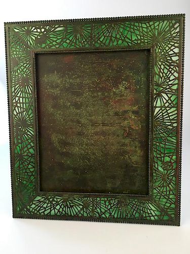 Tiffany Studios large photo frame in Pine needle with green slag glass