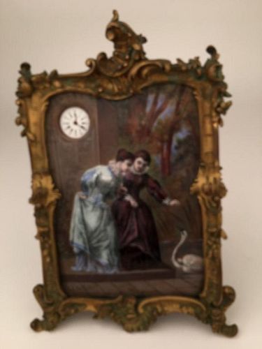French enamel painting on copper with a small clock in the upper left.