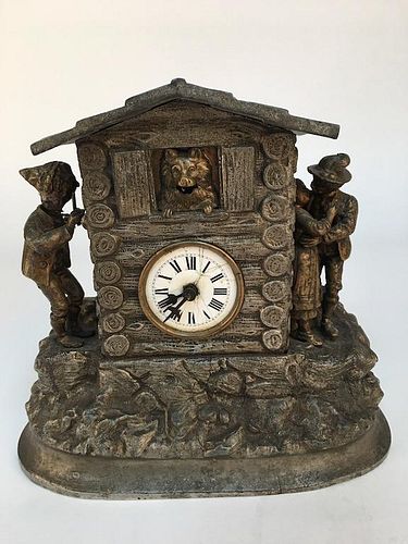 Antique bronze automaton,<BR>on one side of a cabin is a man and lady embrassing