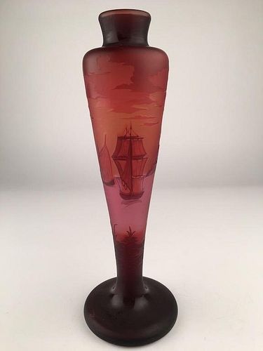 Muller Fres Luneville cameo vase decorated with a sailing scene.<BR>Height 12 3/4