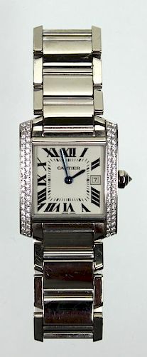 A Lady's 18K White Gold Cartier Tank Diamond Watch