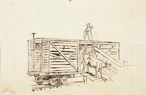 CHARLES M. RUSSELL (1864-1926), Punch Poling Cattle from a Railroad Stockcar; Unloading Cattle from a Railroad Stockcar