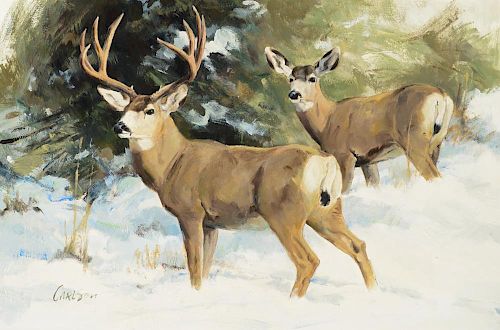 KEN CARLSON (b. 1937), Winter Pair - Mule Deer