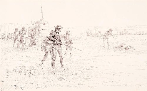 CHARLES M. RUSSELL (1864-1926), Fink Kills His Friend [or] A Trapper's Fracas Outside the Walls of Fort Union