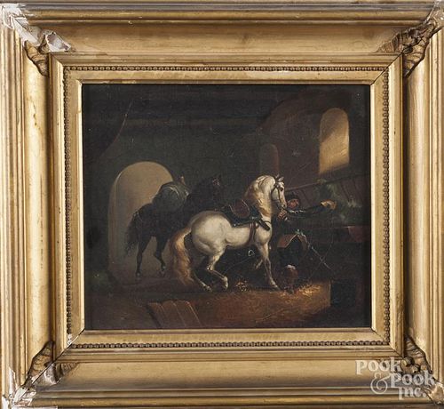 Pair of Continental oil on canvas stable scenes