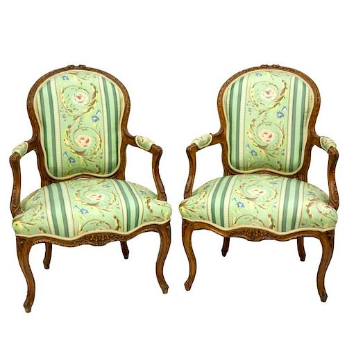 Pair of Late 18/19th Century Louis XV Carved Beechwood Upholstered Cabriolet Fauteuils