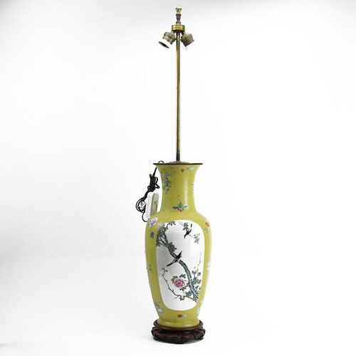 19/20th Century Chinese Famille Jaune Porcelain Vase Mounted as Lamp