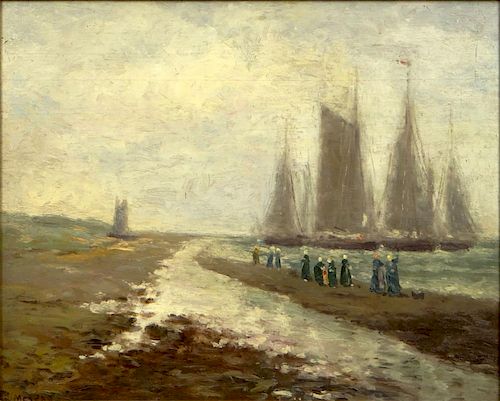 Hendrik Willem Mesdag Dutch (1831-1915) Oil on Wood "By the Shoreline" Signed Lower Left