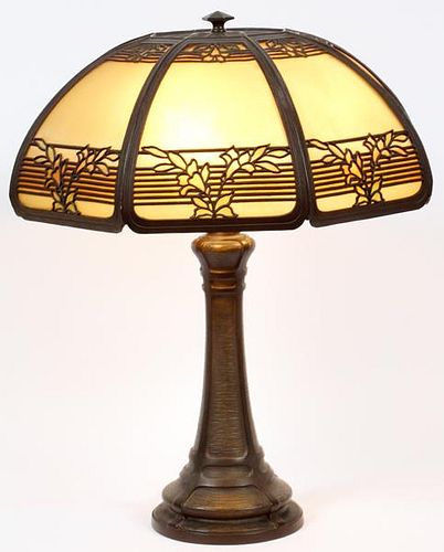 BRADLEY AND HUBBARD BRONZE AND GLASS TABLE LAMP