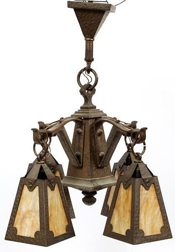 AMERICAN ARTS & CRAFTS PATINATED METAL CHANDELIER