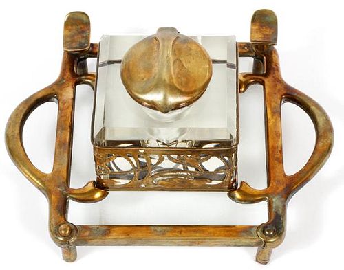 ART NOUVEAU BRASS MOUNTED GLASS INKWELL AND STAND