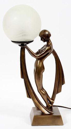 ART DECO STYLE BRONZE COATED FEMALE NUDE TABLE LAMP