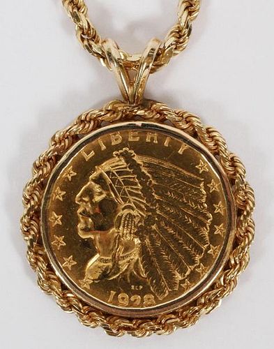 YELLOW GOLD PENDANT & CHAIN $2.50 GOLD COIN 1928