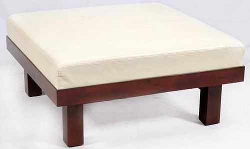 BAKER FURNITURE CO. LEATHER AND MAHOGANY OTTOMAN
