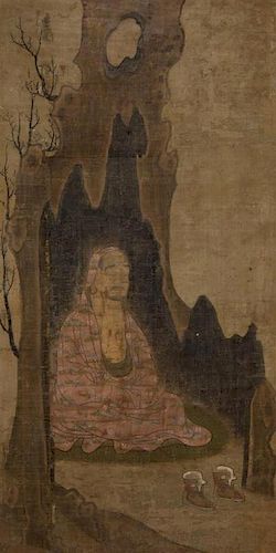 A Chinese Painting on Silk of Vanavasa Meditating, Anonymous, Height 33 x width 17 inches.