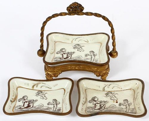 FRENCH PORCELAIN ASHTRAYS AND STAND FOUR PIECES