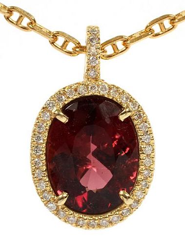 9.40CT RED TOURMALINE AND 14KT YELLOW GOLD NECKLACE