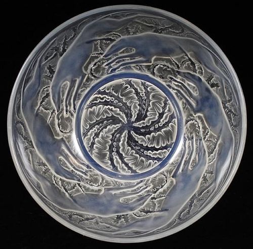 LALIQUE 'CHIENS NO.1' OPALESCENT & CLEAR GLASS BOWL