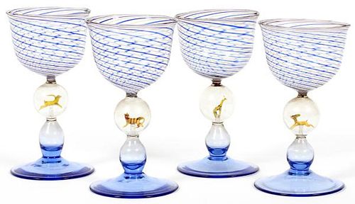 VENETIAN BLOWN GLASS WINE GOBLETS SET OF FOUR