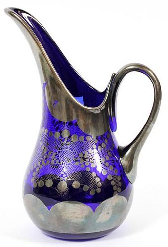SILVER OVERLAY ON BLUE GLASS PITCHER