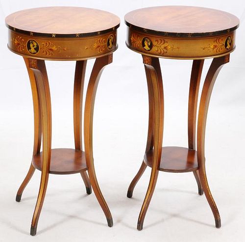 SATINWOOD ROUND END TABLES PAIR BY IMPERIAL