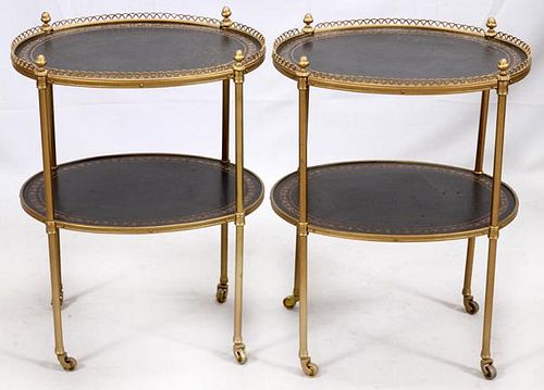 TWO TIER LEATHER TOP BRASS TABLES PAIR