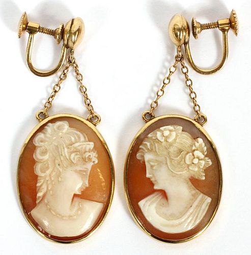 A PAIR OF 10KT YELLOW GOLD & CAMEO EARRINGS