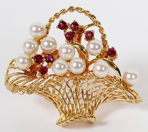18KT GOLD PEARL AND RUBY BROOCH