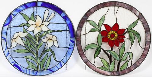 PAIR OF FLORAL STAINED GLASS CIRCULAR PANELS