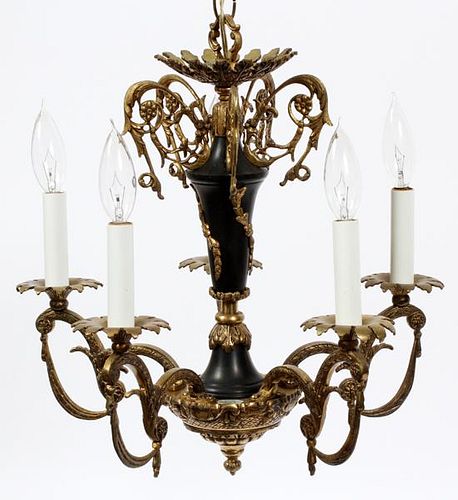 GILT METAL FRENCH STYLE 5 ARM CHANDELIER CIRCA 1960