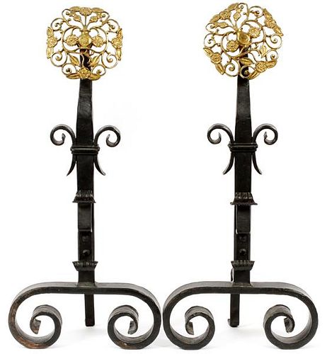BRASS AND WROUGHT IRON ANDIRONS 1920 PAIR