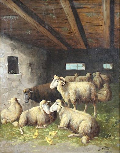 FOLTA, L. 19th C. Oil on Canvas. Sheep in a Barn.