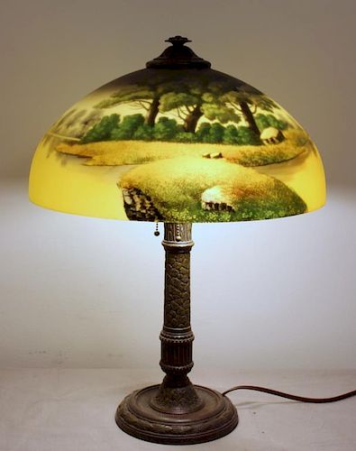 UNSIGNED. Reverse Painted Handel Style Table Lamp