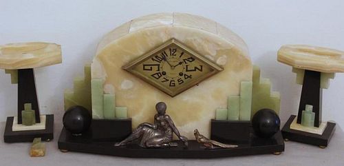 Art Deco Marble Clock Garniture Set .