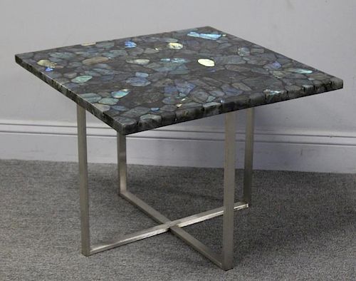 Modernist Labradorite Slab Side Table.