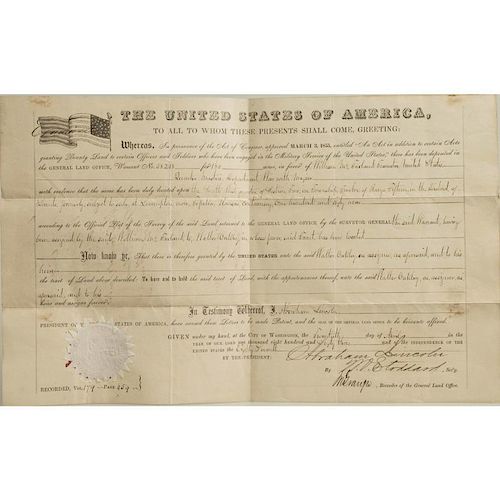 Abraham Lincoln/Stoddard Signed Land Grant, 1863