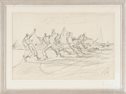 Pencil of fishermen with their nets, signed ''A. F. Silva Baiha, 12 1/2'' x 19''.