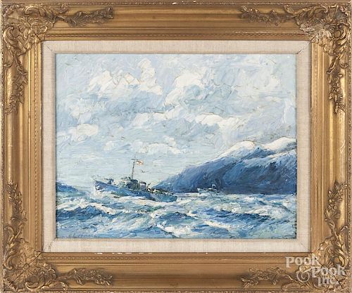Guy Lipscombe (British 1881-1952), oil on canvas seascape with a naval ship, signed lower left, 14''x