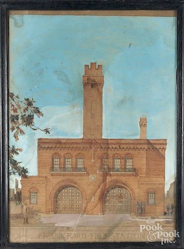 Mixed media drawing of the Frankford Fire Station, Philadelphia, ca. 1926, signed R. G. Westerfield